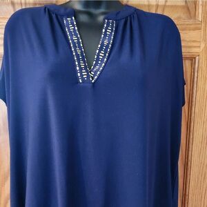 Navy Blue Tunic with Embellished Neckline